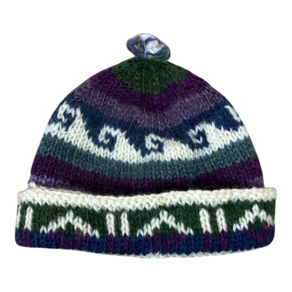 Vintage Lost Horizons Handmade Nepal Wool Beanie Hat Multicolor Striped Pom
